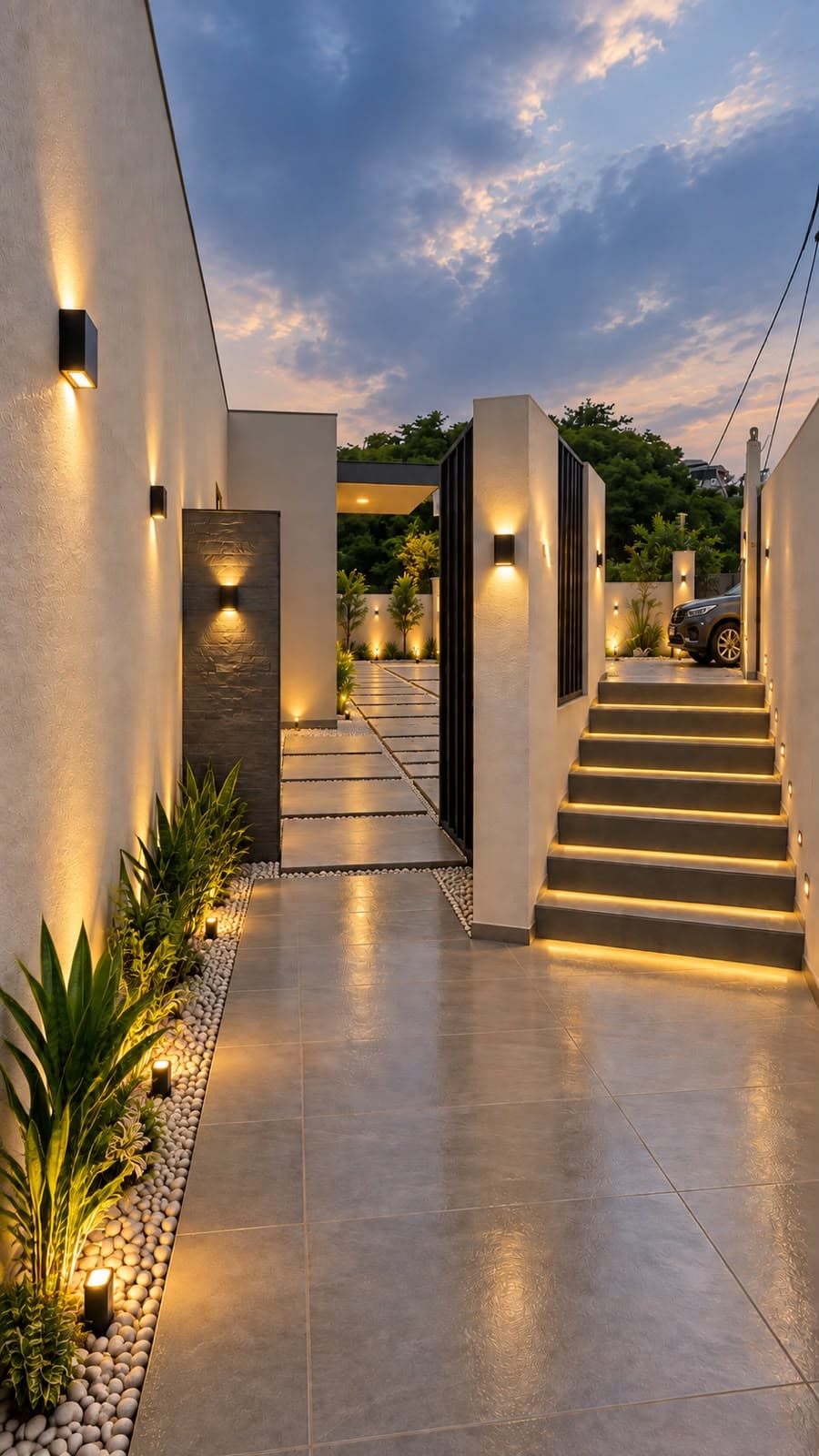 Landscaped entrance and guest parking at dusk